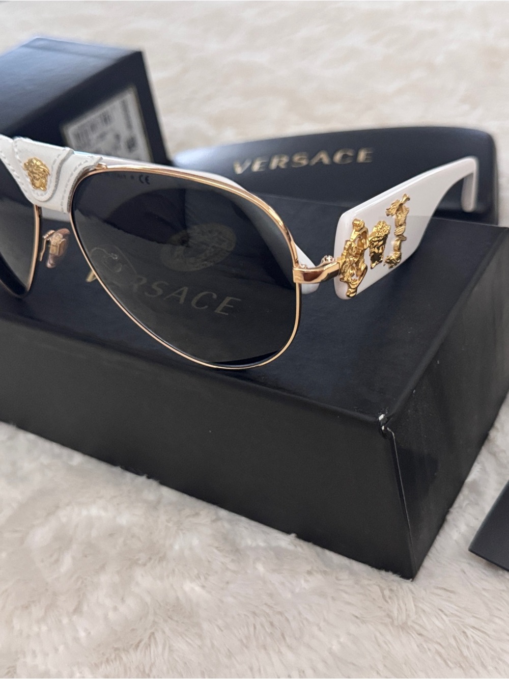 Authentic Versace Baroque Aviator Sunglasses VE2150Q White Gold Dark Lenses